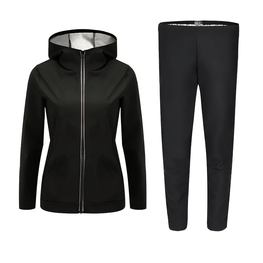 Stylish women's hooded jacket and pants set for fitness and sweating, ideal for weight loss and gym workouts - Model SF2247